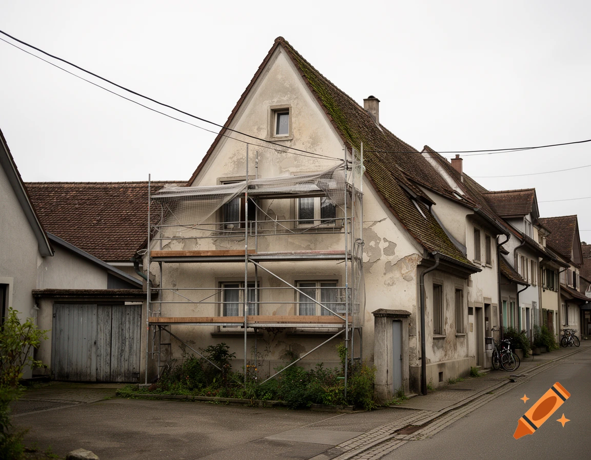 Photorealistic image of an old, weathered house with scaffolding on the facade in a German village street.