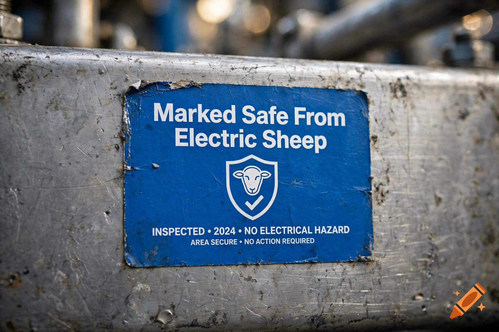 A blue warning sticker on a metal machine surface reading Marked Safe From Electric Sheep with a sheep shield icon.