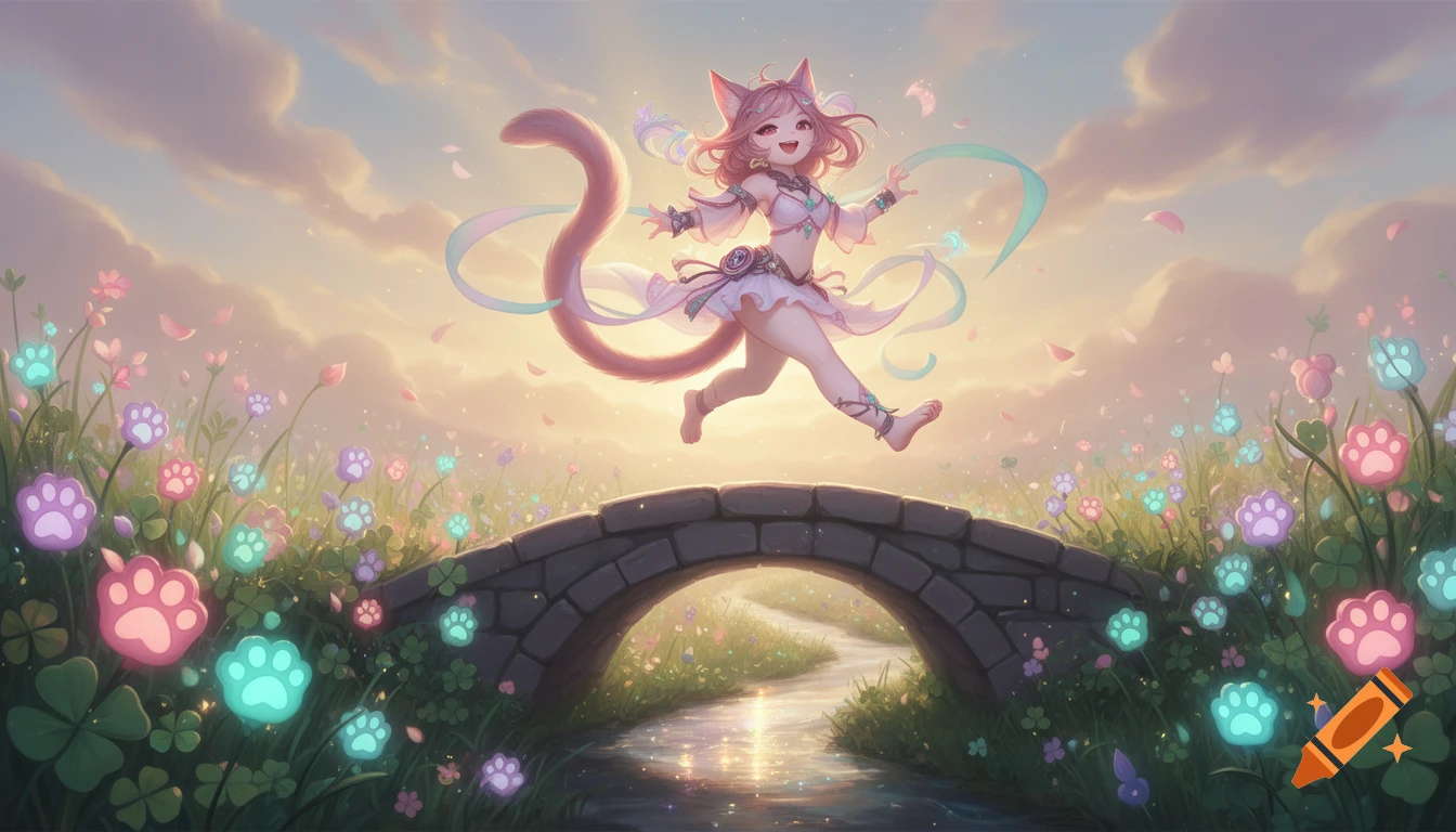 An anime-style catgirl with pink hair and a tail leaps joyfully over a small stone bridge in a meadow filled with glowing paw-shaped flowers under a sunset sky.