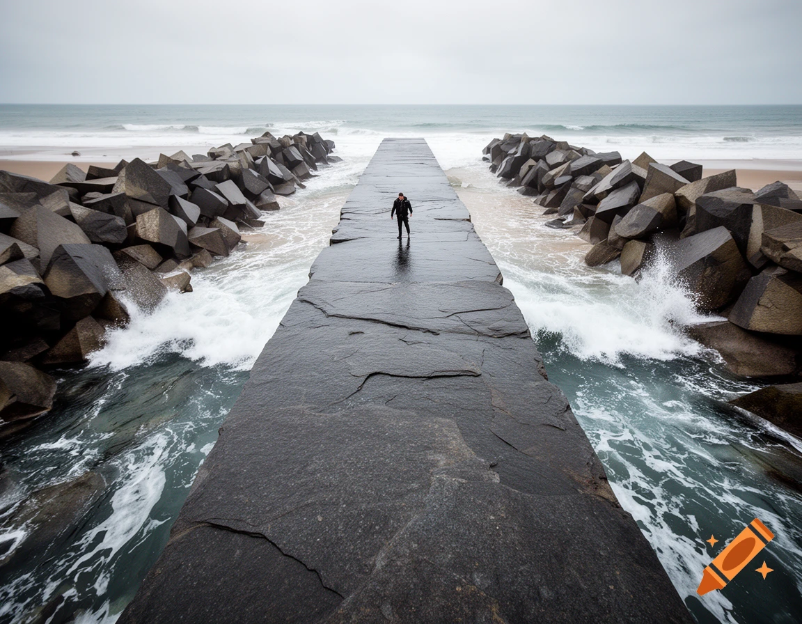 A long dark stone pier stretches out towards an ocean with breaking waves and rocky breakwaters on either side under an overcast sky.