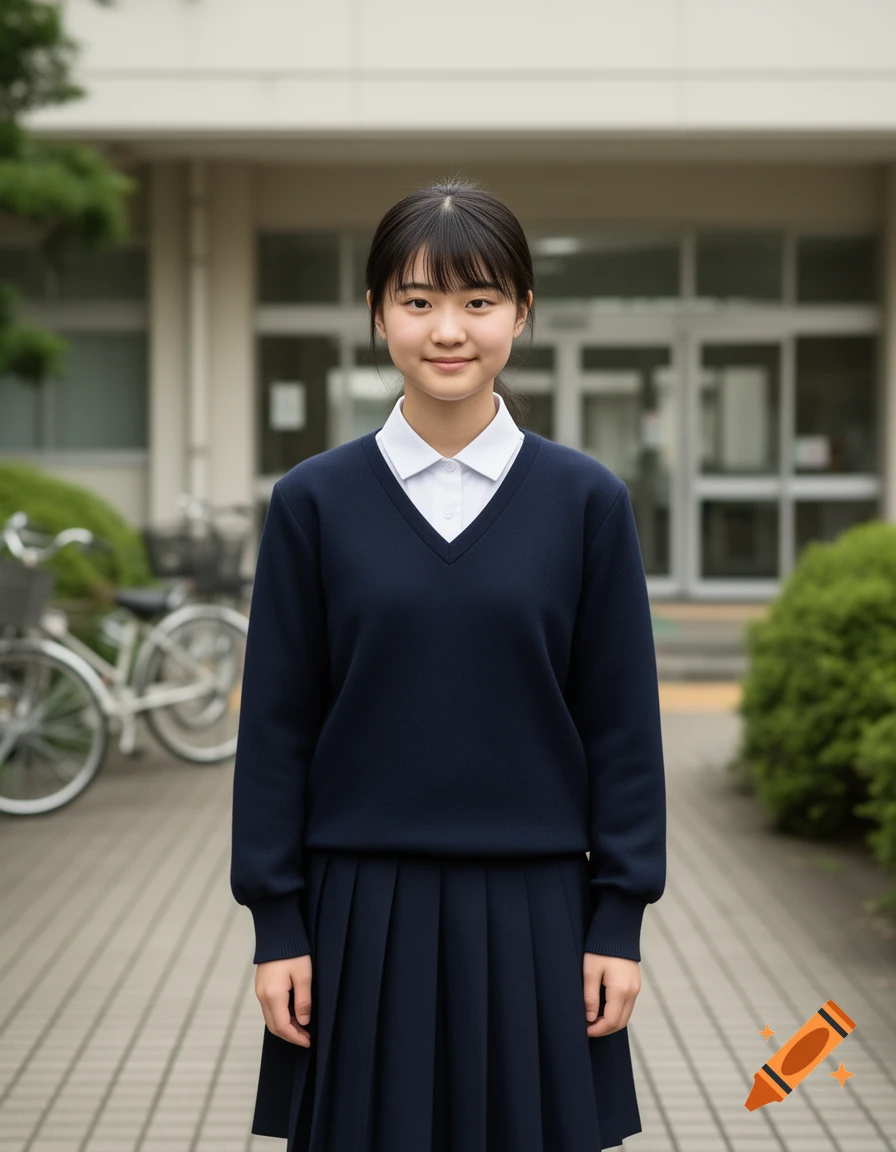 Photorealistic portrait of a young female Japanese student in a school uniform standing outside a school building.