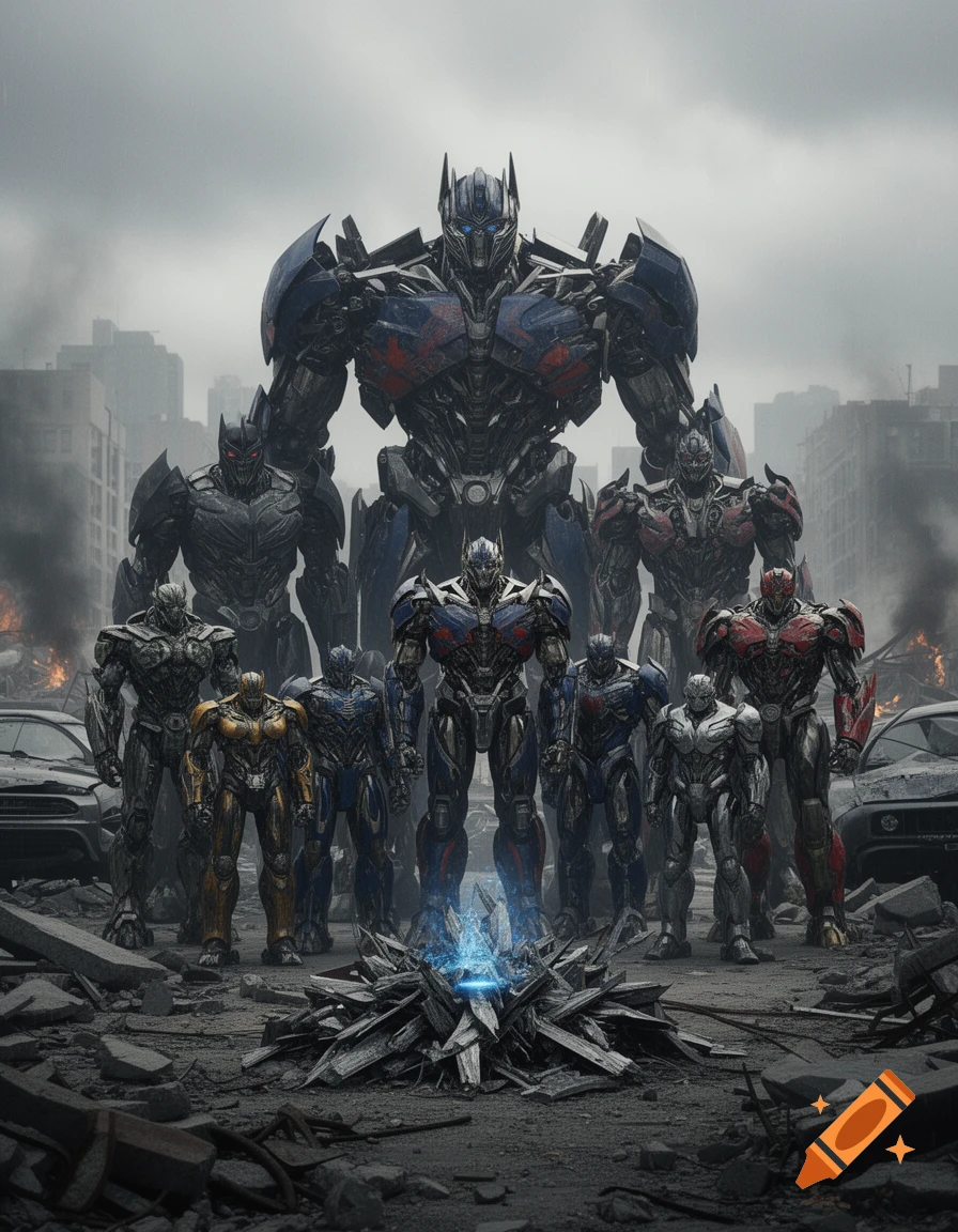 Photorealistic group portrait of multiple Transformers in a ruined city standing in mourning around a glowing debris pile.