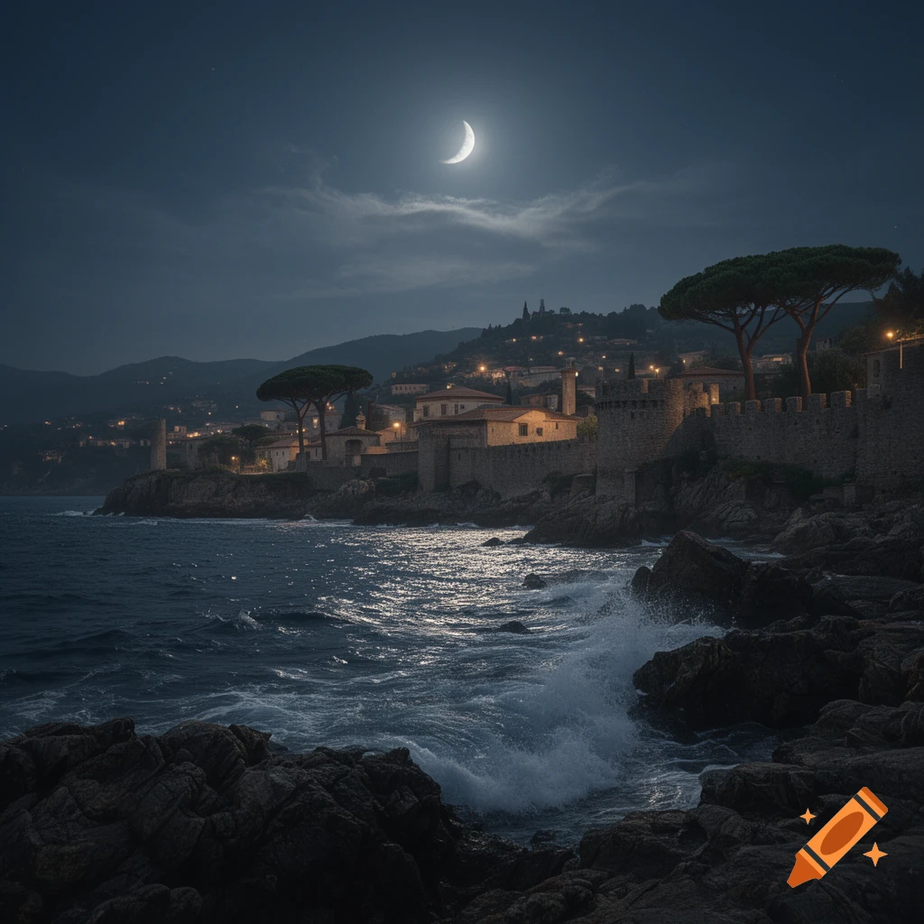 Photorealistic night scene of an ancient coastal town by the sea under a crescent moon, with waves crashing on rocky shores.