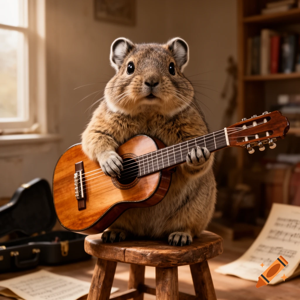 Photorealistic image of a pika sitting on a wooden stool and playing a small acoustic guitar indoors.