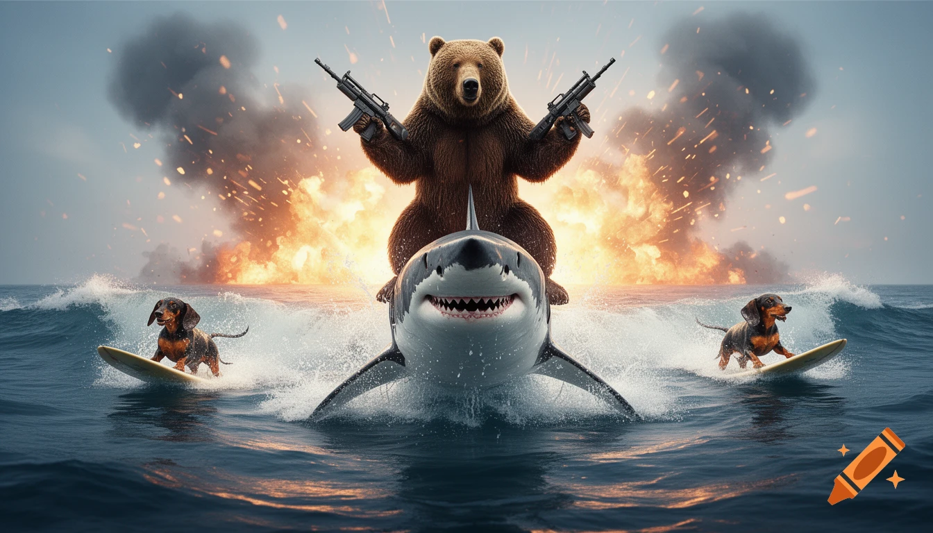 Photorealistic image of a grizzly bear holding miniguns while riding a shark, with two dachshunds surfing on waves and explosions in the background.