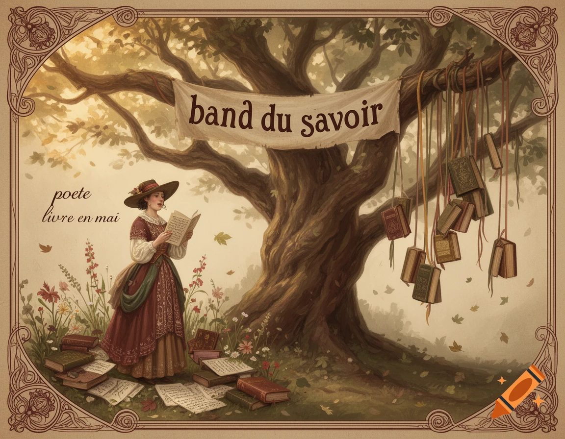 Vintage 1900s style illustration of a woman reading a book under a large tree with hanging books and a banner.
