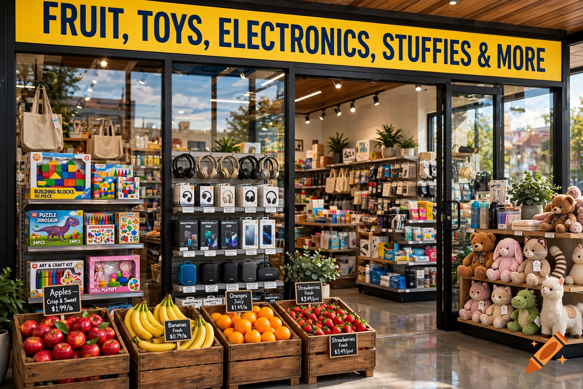 Storefront with yellow sign reading FRUIT, TOYS, ELECTRONICS, STUFFIES & MORE, displaying fresh produce and toys.