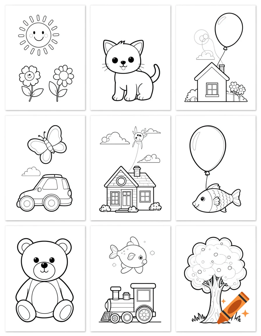 Black and white coloring page grid for kids featuring a sun, cats, houses, animals, and a tree in clean line art.
