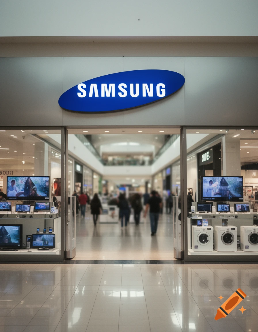 Photorealistic view of a Samsung store entrance in a brightly lit modern shopping mall.