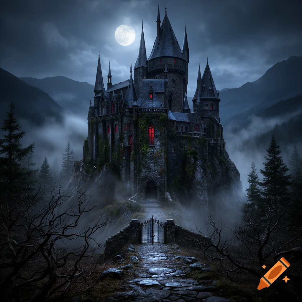 Photorealistic image of a dark fantasy vampire castle perched on a rocky cliff under a full moon, with a misty path leading to the gates.