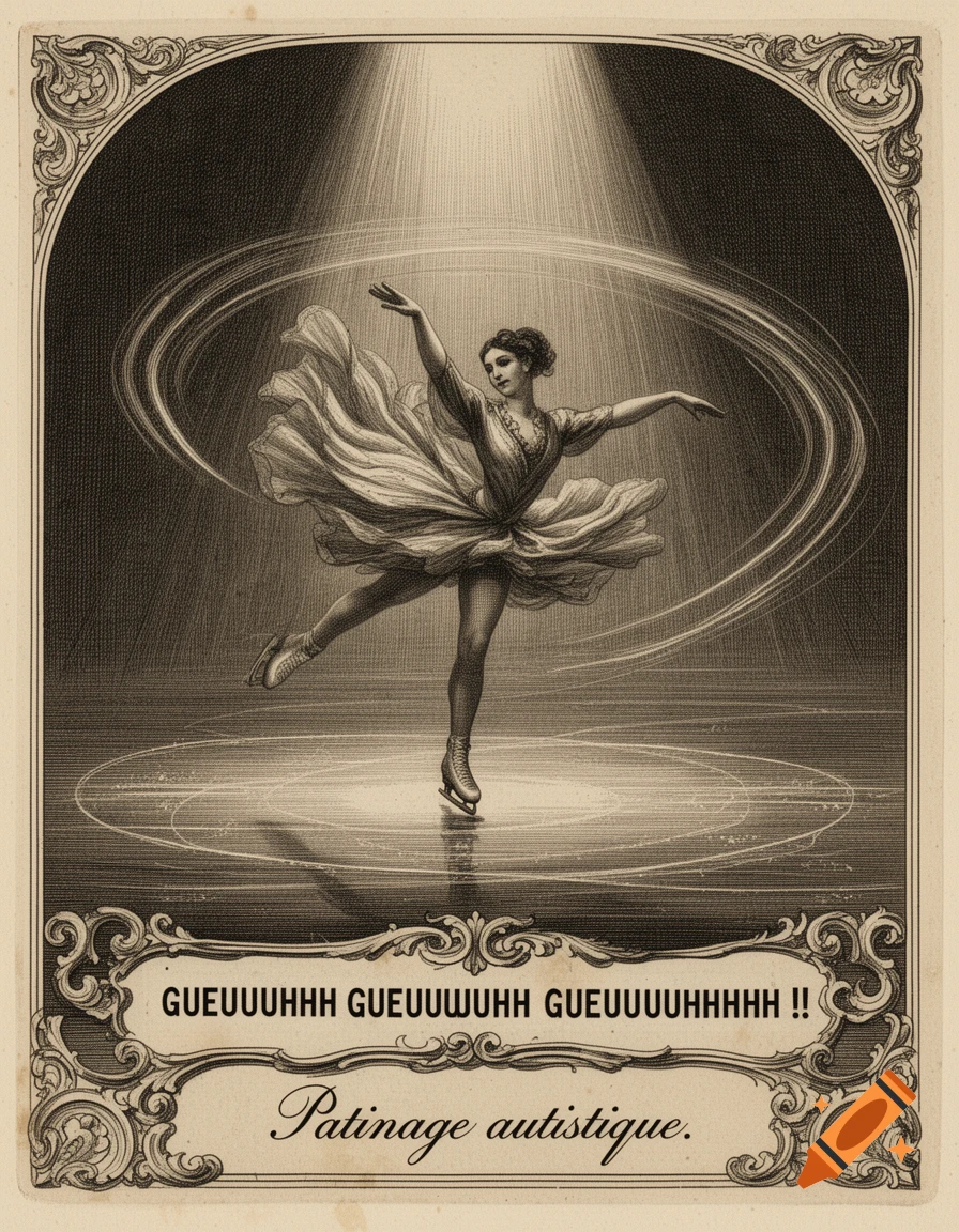 Vintage engraving style illustration of a woman figure skating under a spotlight.