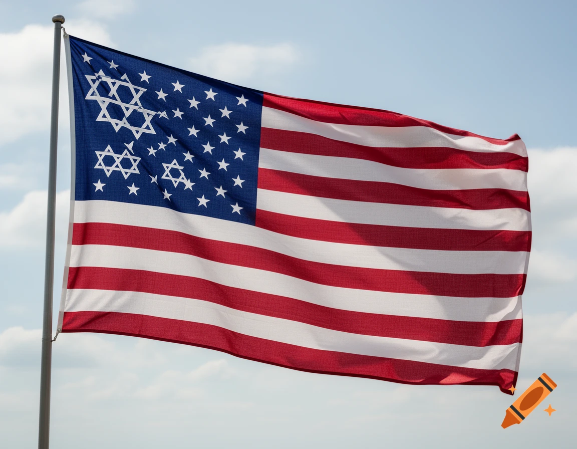 Photorealistic American flag waving on a pole against a blue sky with clouds, featuring Stars of David in the canton.