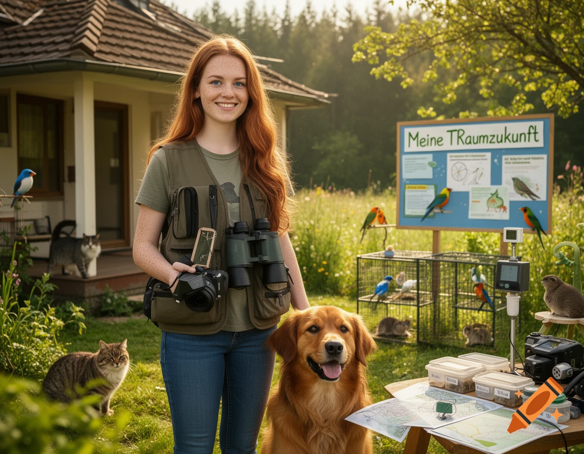 Photorealistic image of a young woman with red hair standing outdoors with her golden retriever dog, surrounded by animals and a sign that reads 'Meine TRaumzukunft'.