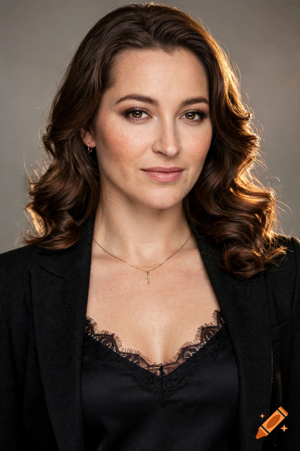 Close-up photorealistic portrait of a woman with brown hair, wearing a black blazer and laced top, against a neutral background.