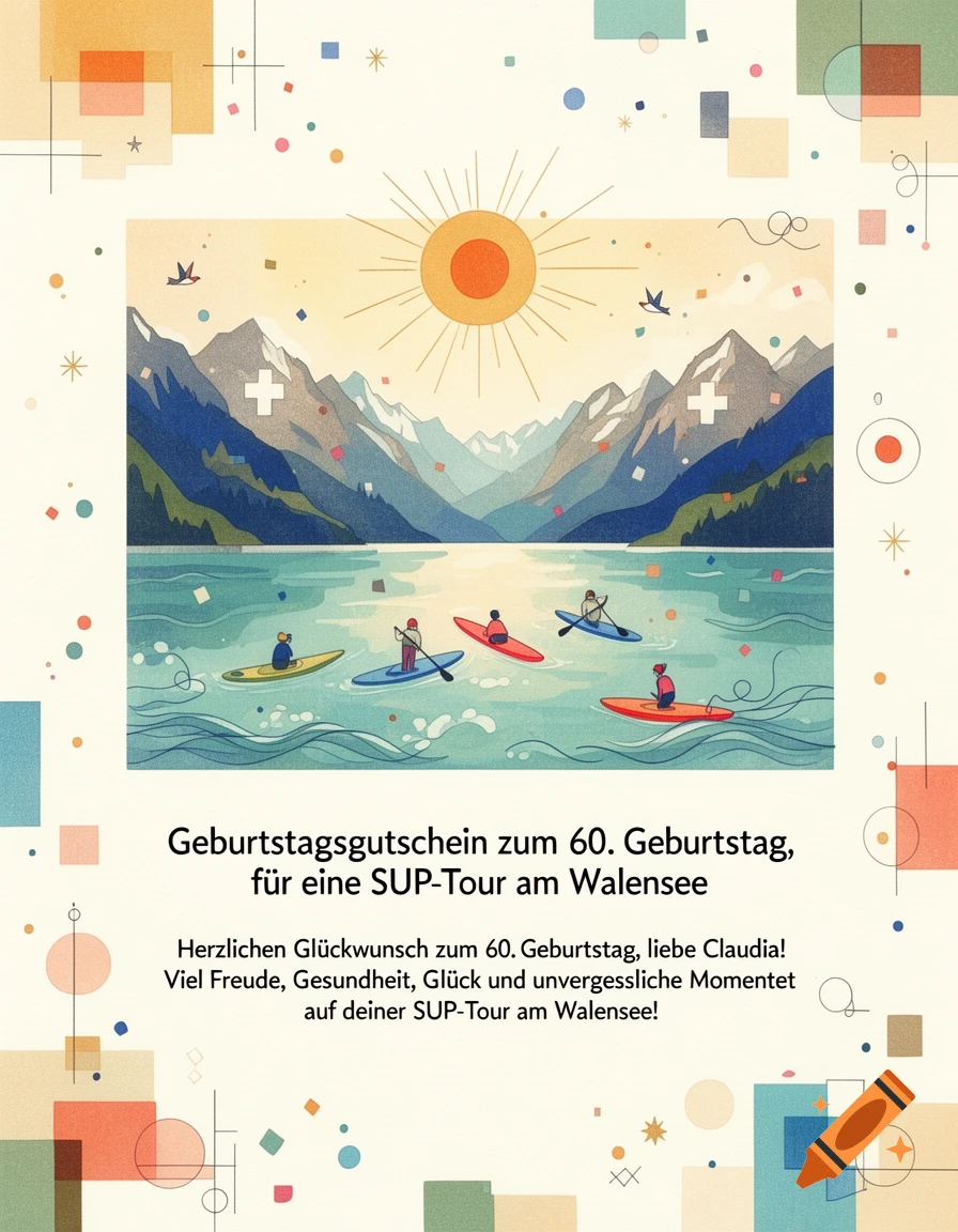 Paul Klee style birthday voucher illustration for a SUP tour on Lake Walen featuring mountains and paddleboarders.