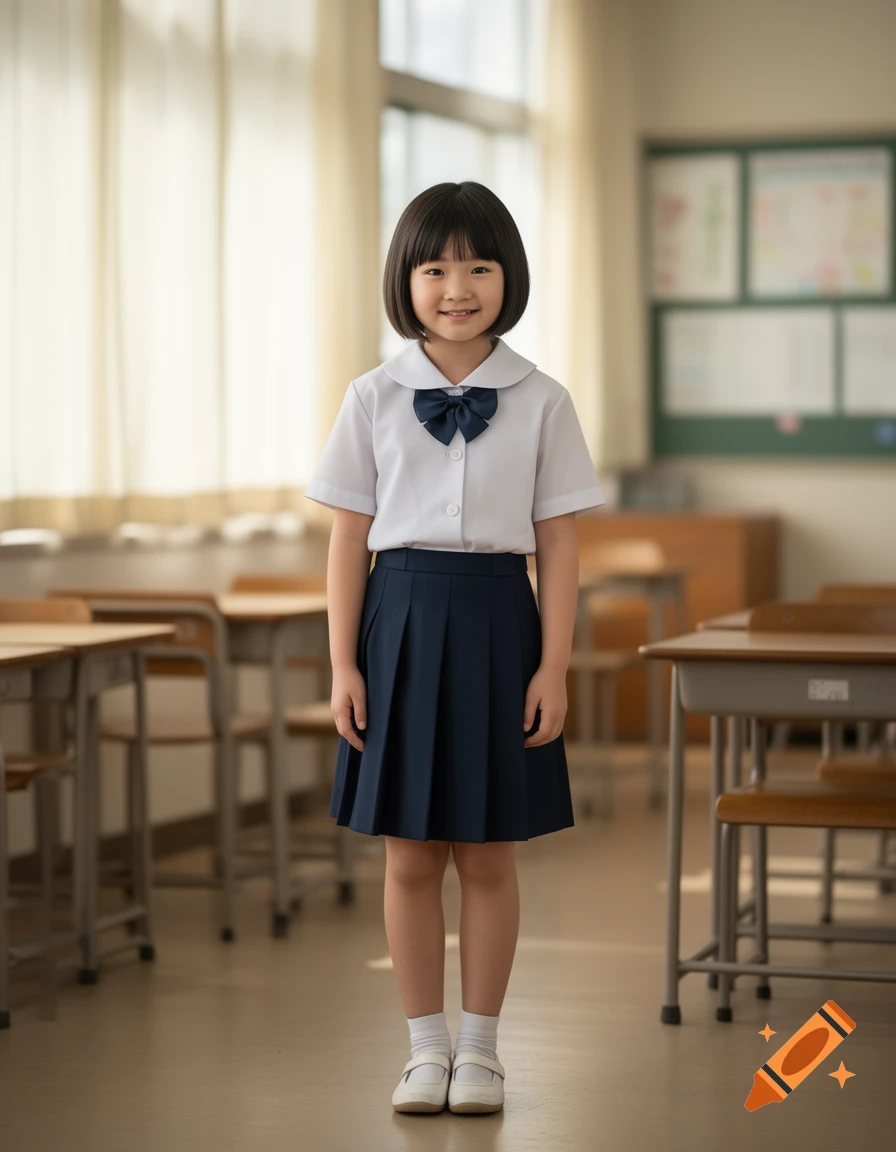 Photorealistic full-body portrait of a young Japanese schoolgirl standing in a classroom.
