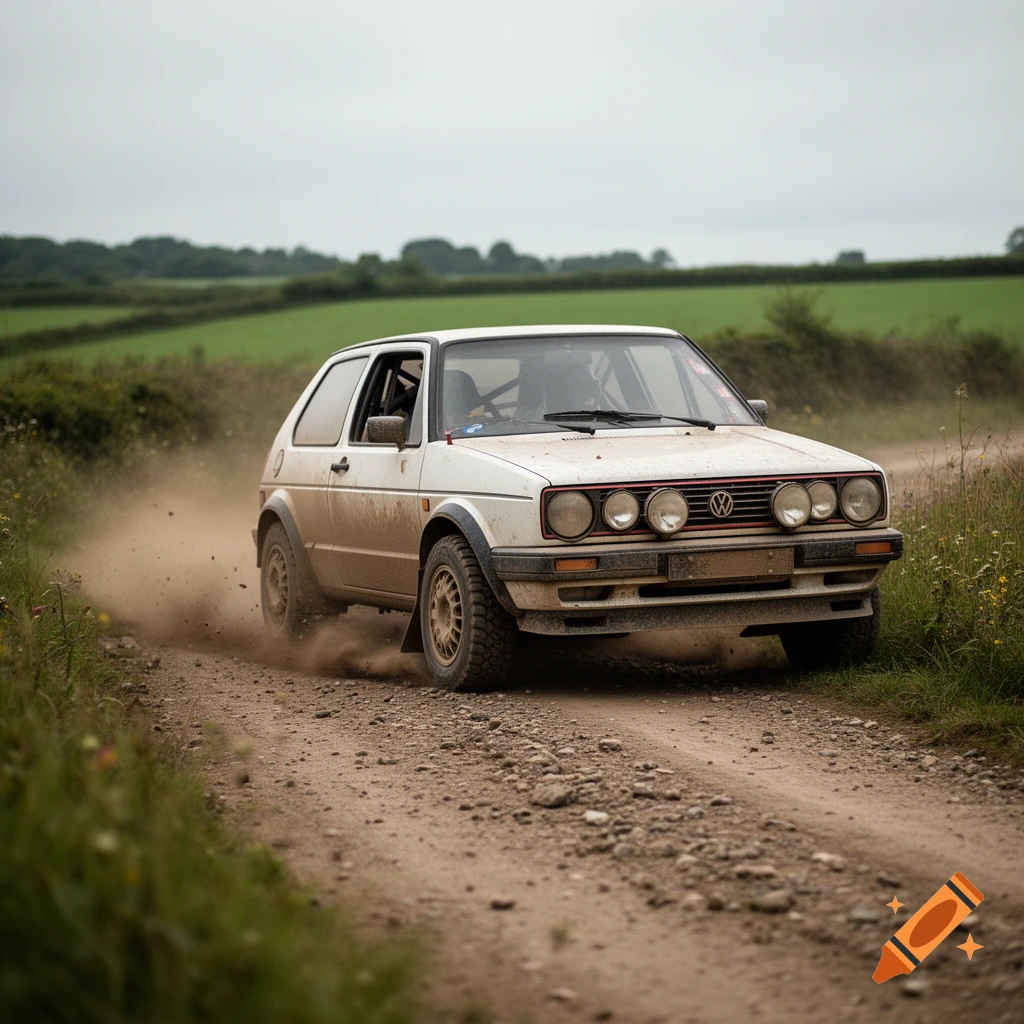 A vintage white Volkswagen Golf rally car kicking up dust on a dirt country road.