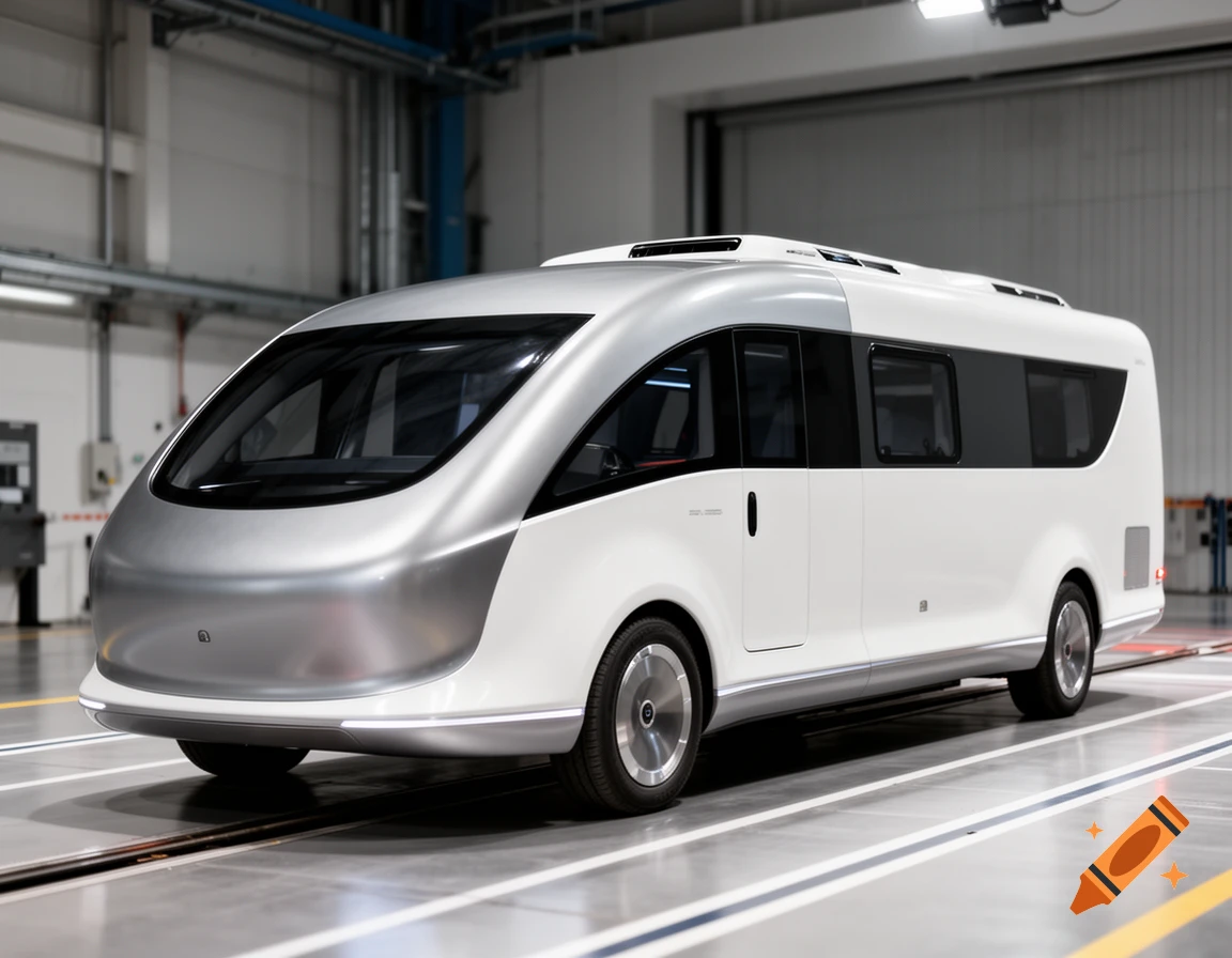 Streamlined white and silver aerodynamic travel trailer or camper van parked inside a factory.