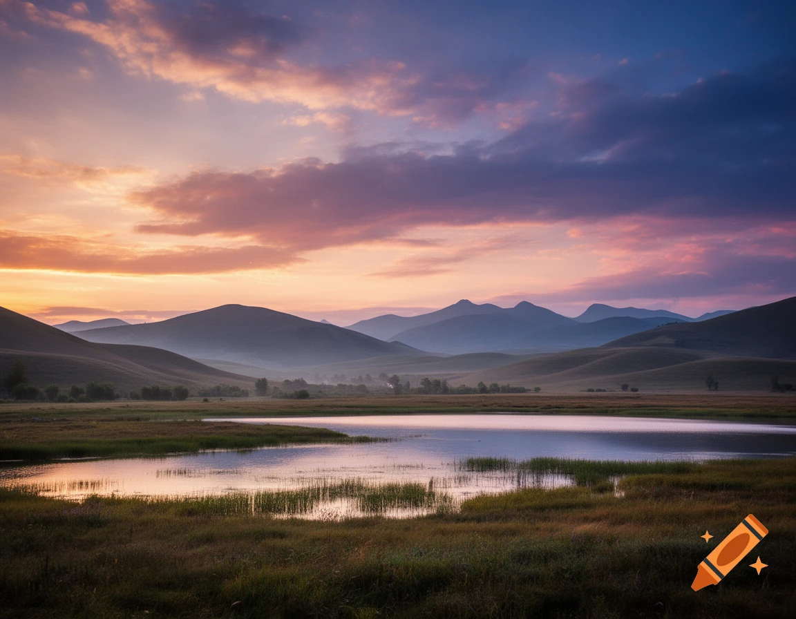 A serene landscape with rolling hills, a tranquil lake reflecting a colorful sunset sky with purple and orange clouds.