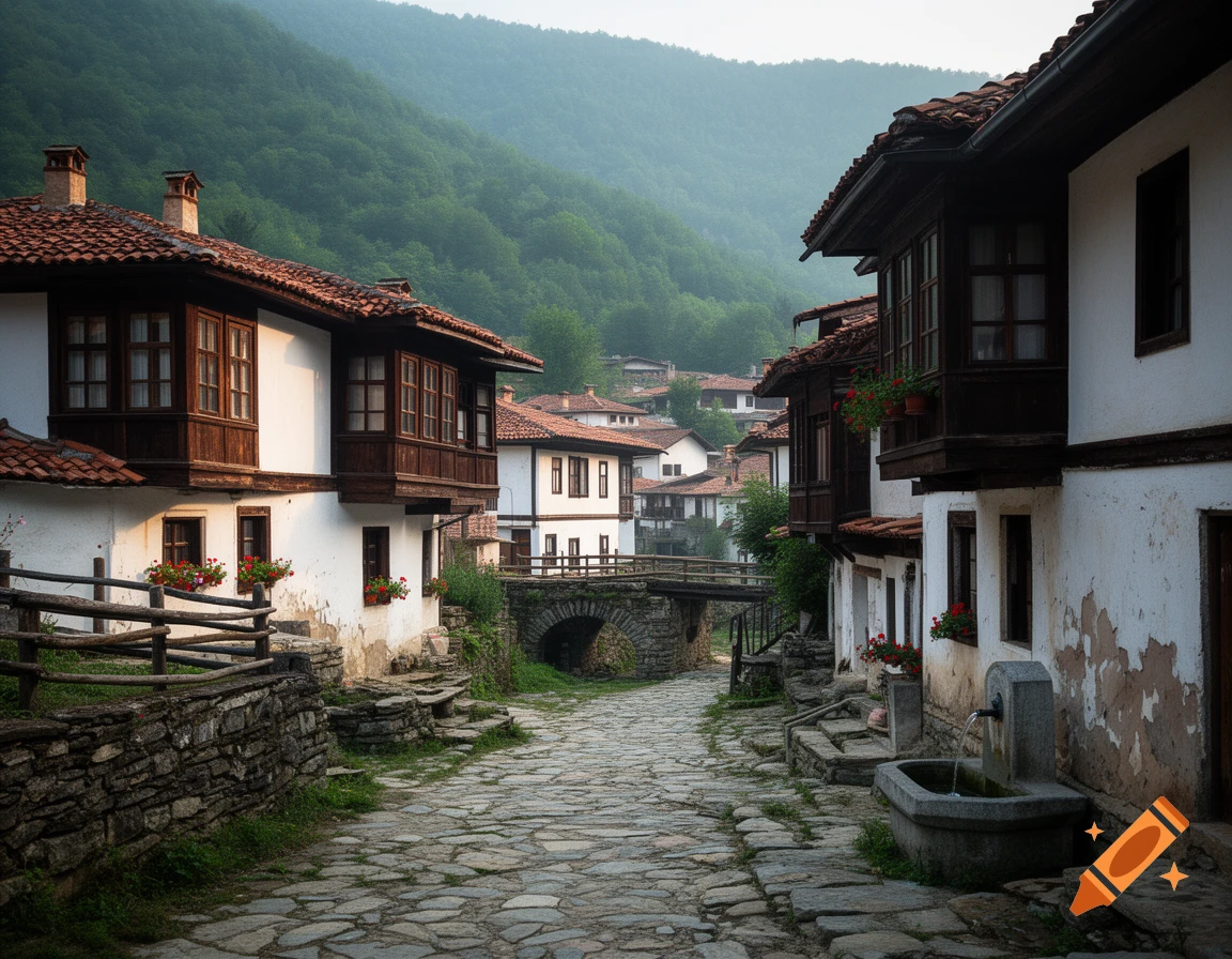 Photorealistic view of a traditional Bulgarian mountain village street with stone houses and cobblestones.