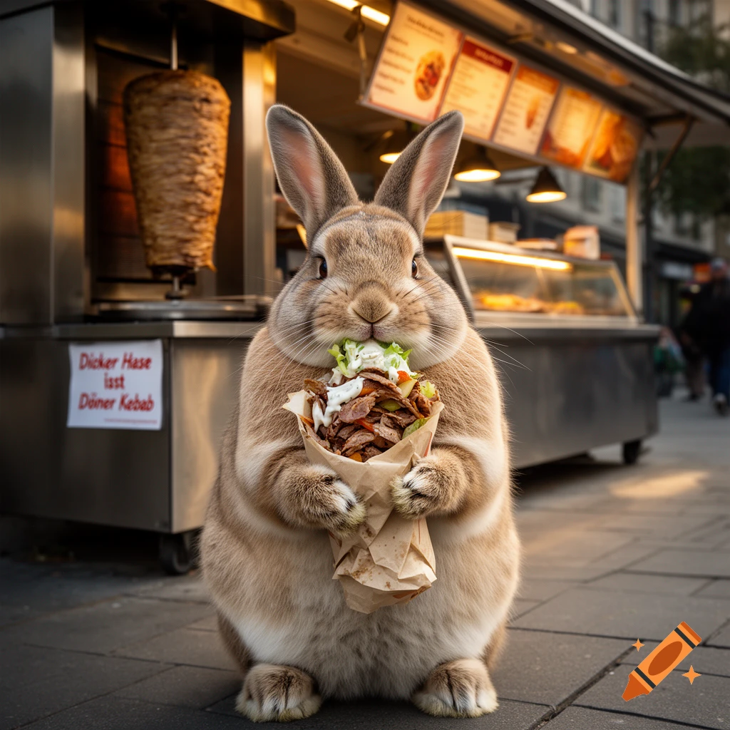 Photorealistic image of a chubby rabbit eating a doner kebab in front of a food stand.
