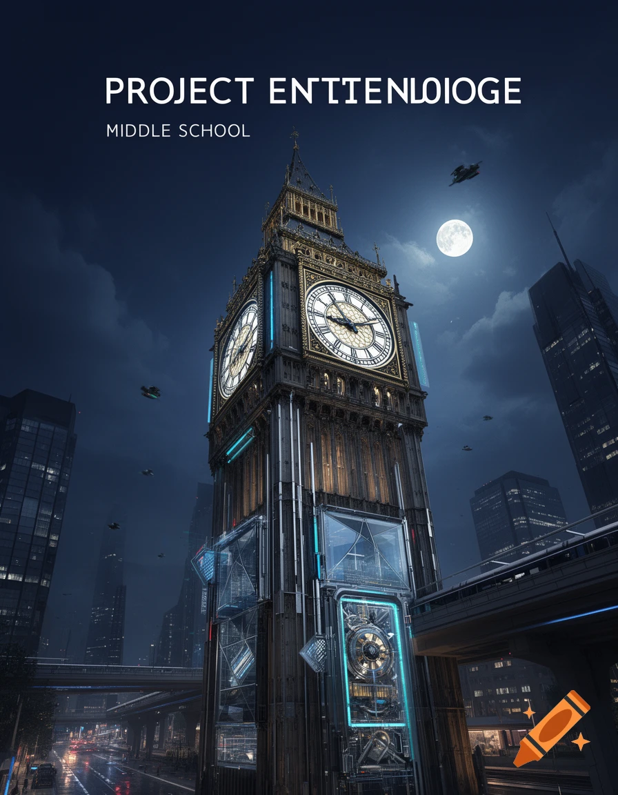 Futuristic Big Ben clock tower at night in a cyberpunk city with a full moon, photorealistic style.