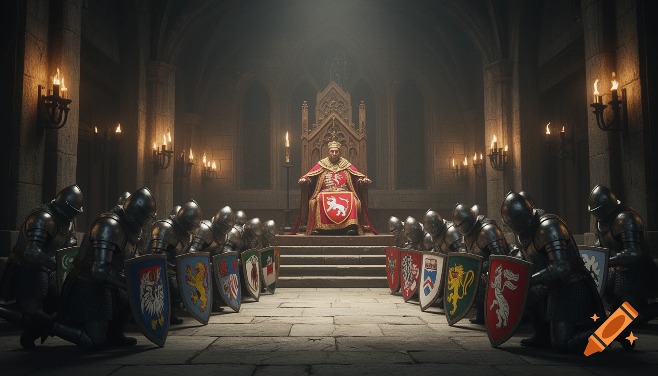 Cinematic wide shot of a king on a throne in a medieval hall, with bowing knights holding coats of arms.