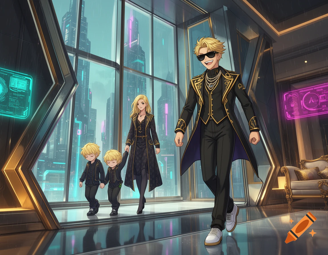 Anime-style illustration of a smiling blonde man in a luxury black coat leaving a cyberpunk interior while a woman and two boys walk away.