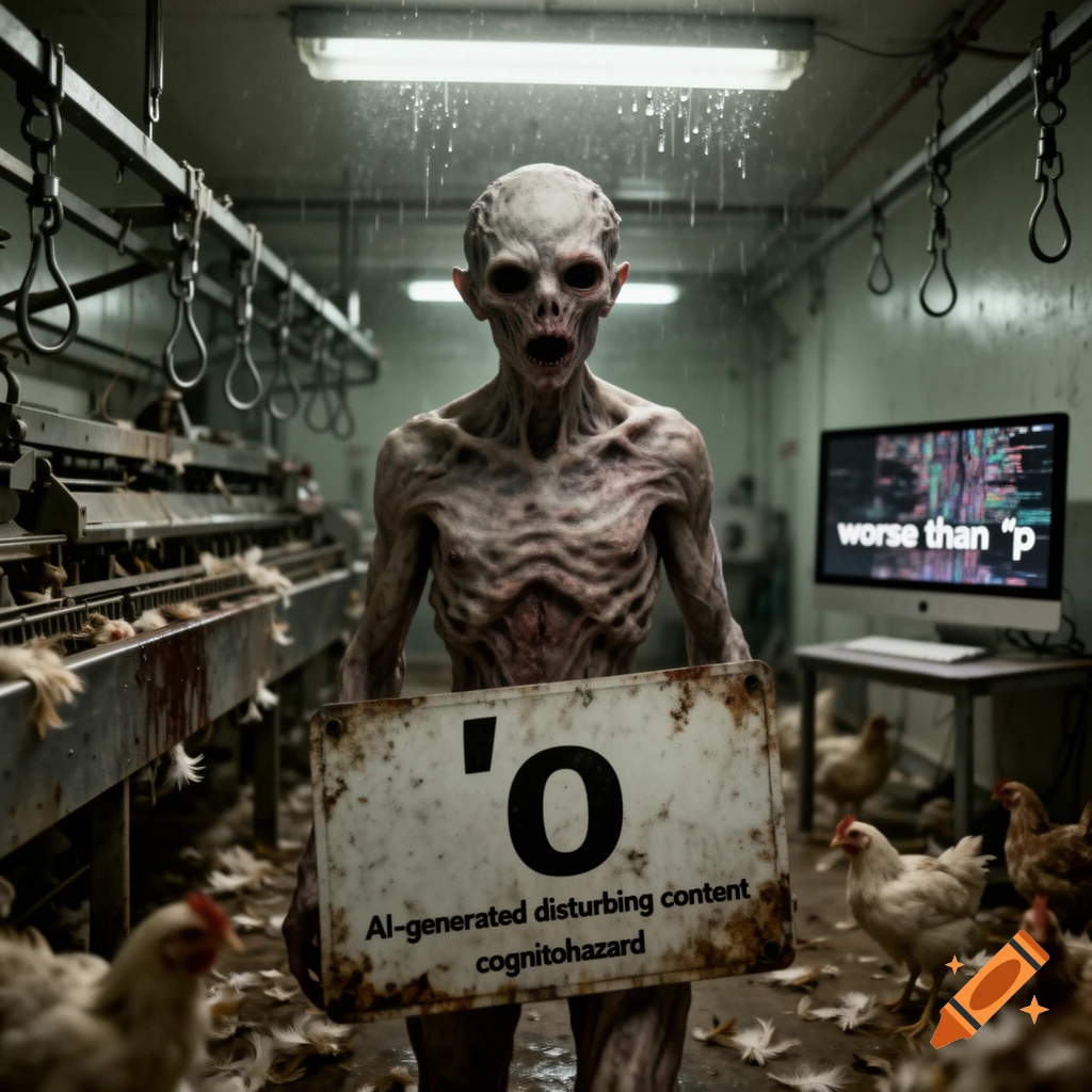 Photorealistic scene inside a slaughterhouse featuring a pale, hairless humanoid creature holding a rusty sign with text.