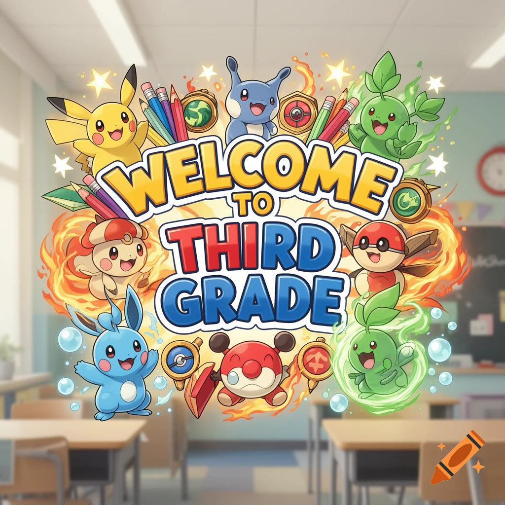 Colorful digital illustration with the text 'WELCOME TO THIRD GRADE' surrounded by stylized cartoon creatures in a classroom setting.