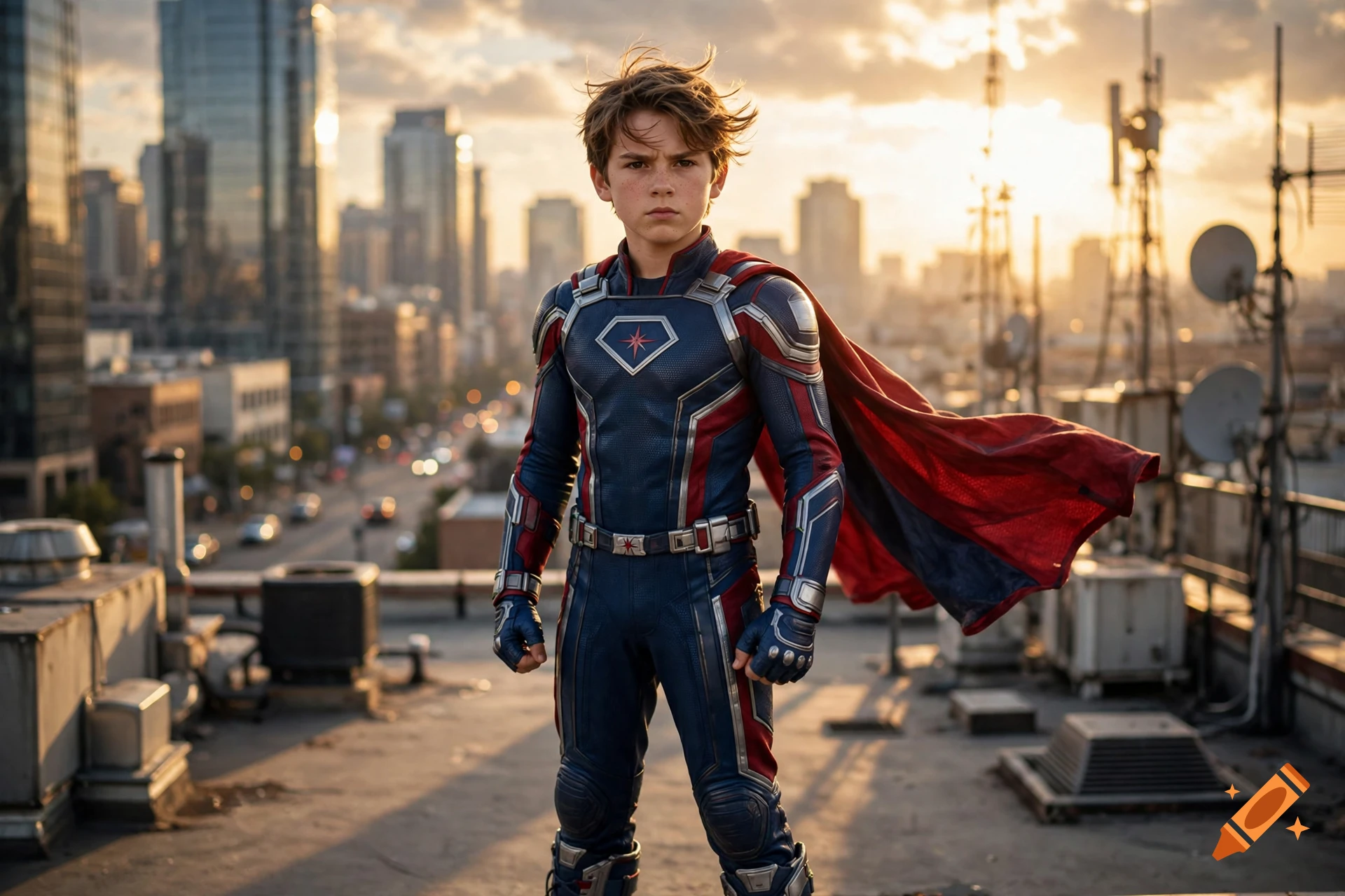 Photorealistic image of a young boy in a blue and red superhero suit with a cape, standing on a rooftop at sunset.