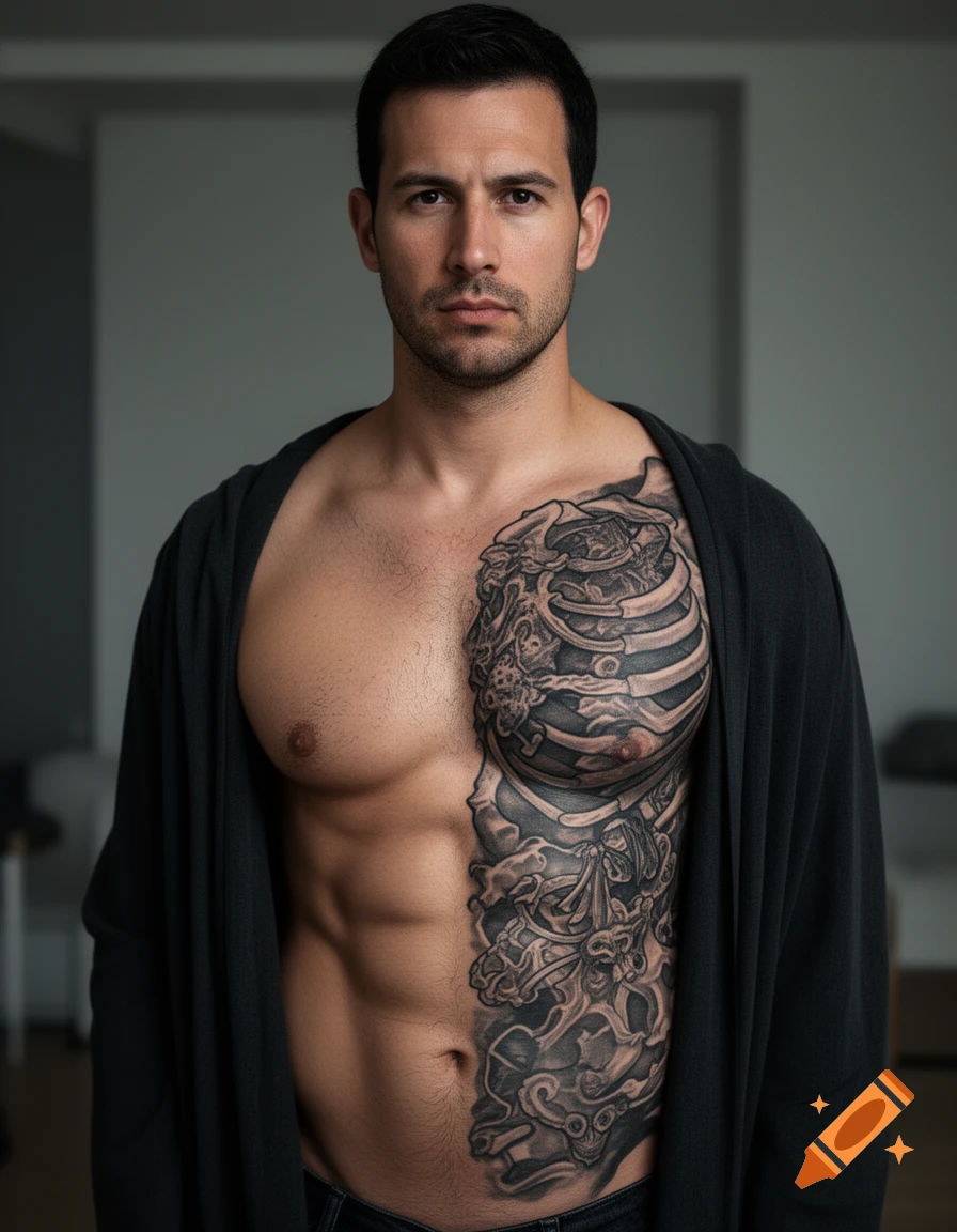 Photorealistic portrait of a shirtless man with a massive intricate rib and chest tattoo wearing a black robe.