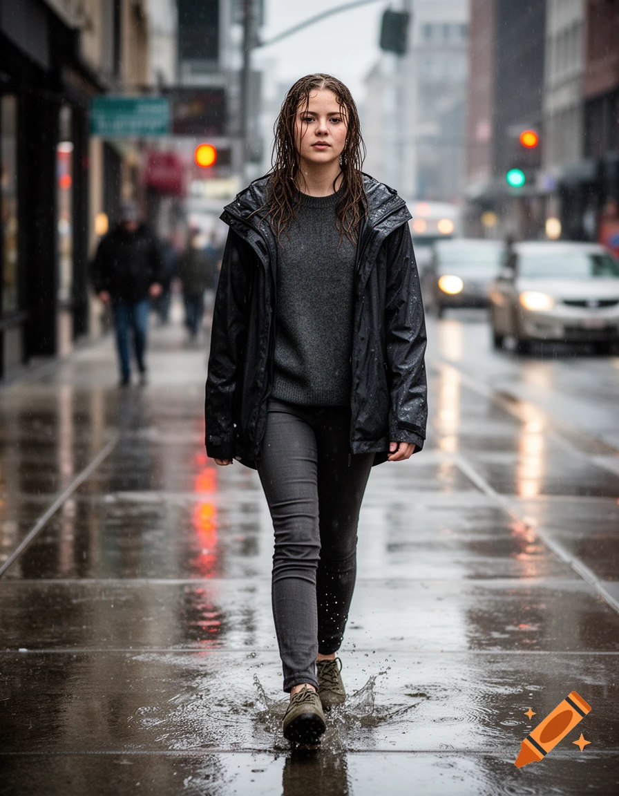 Photorealistic image of a young woman with wet hair walking on a wet city sidewalk in the rain without an umbrella.
