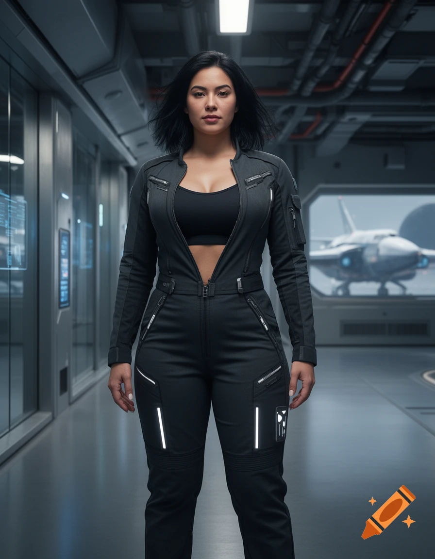 Photorealistic image of an athletic woman in a black sci-fi jumpsuit standing inside a futuristic corridor with a spacecraft visible through a window in the background.