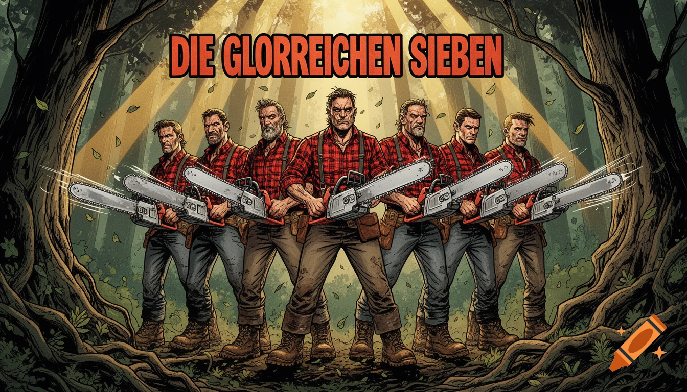 Comic book style illustration of seven grim lumberjacks holding chainsaws in a dense forest.