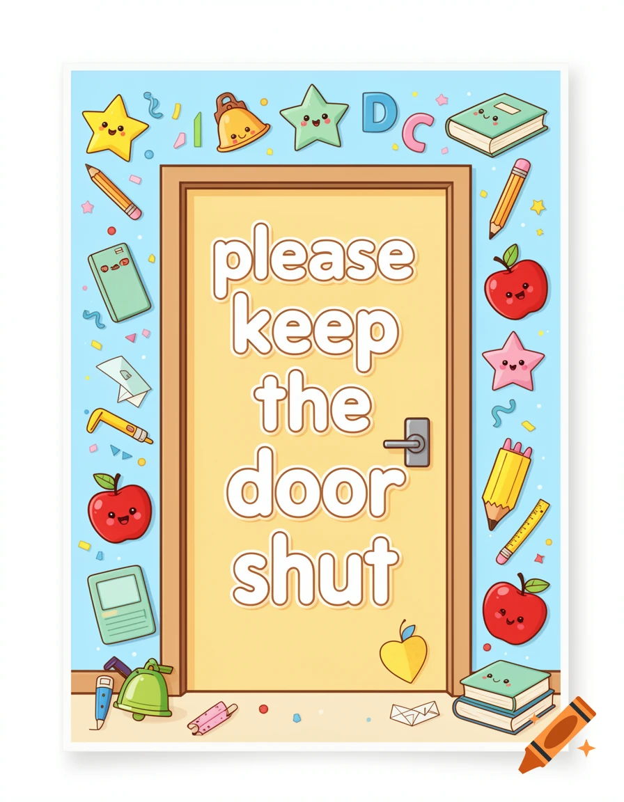 Cute classroom poster with a yellow door, blue background, and cartoon school supplies reading please keep the door shut