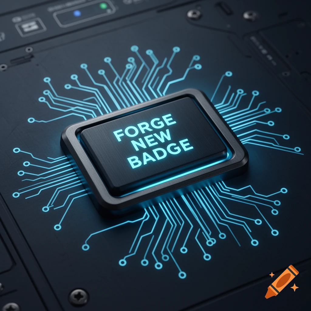 Photorealistic close-up of a futuristic circuit board button glowing cyan with the text FORGE NEW BADGE.