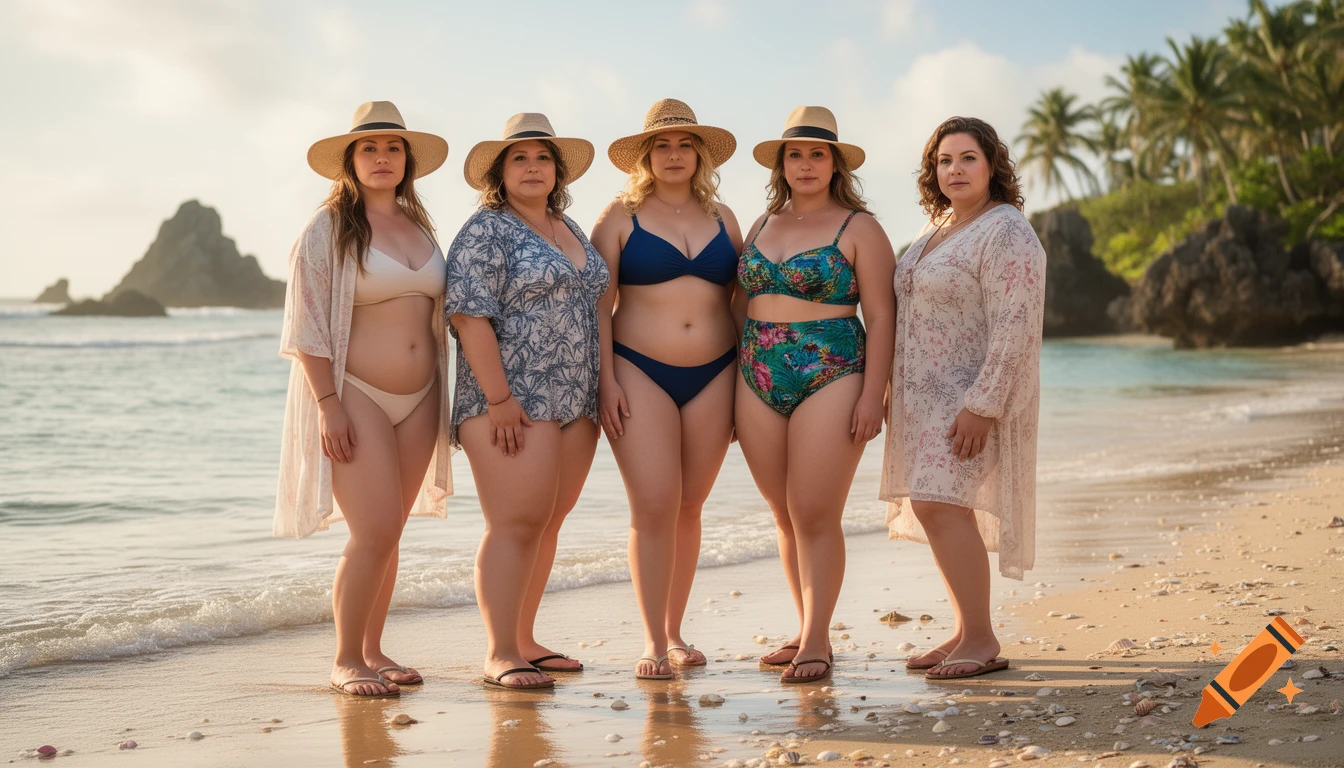 Five women in swimwear and sun hats standing together on a sandy beach by the ocean.