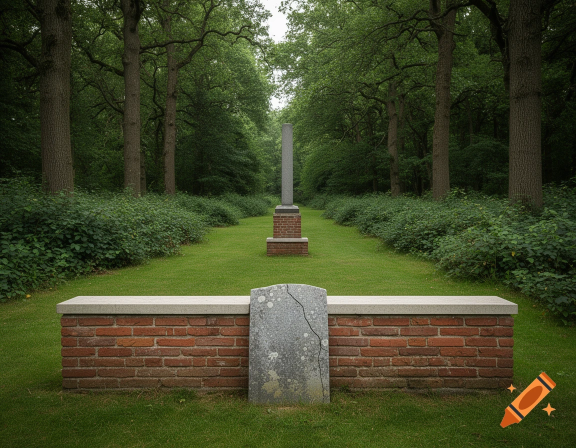 Symmetrical view down a mown grass corridor in a dense forest, featuring a low brick block with a cracked stone tablet in the foreground.