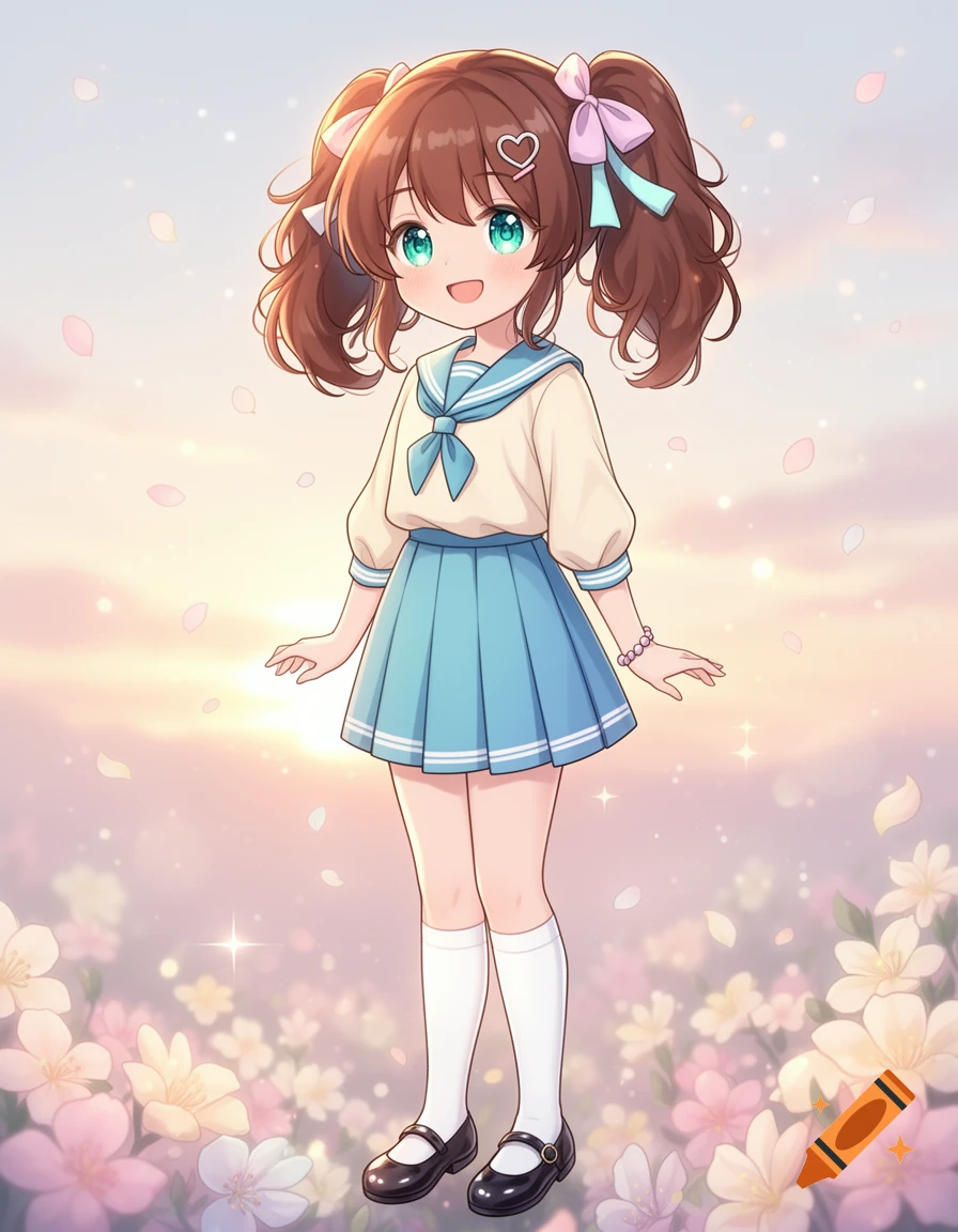 Anime style illustration of a cute girl with brown pigtails in a sailor uniform standing in a field of flowers.