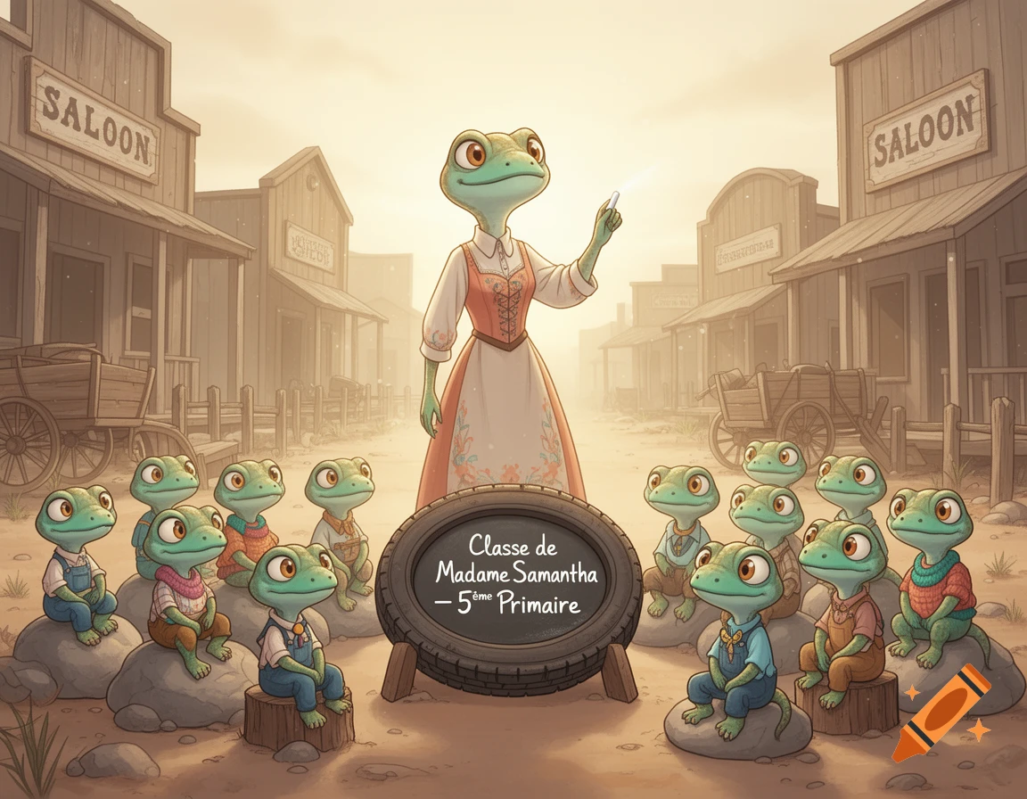 An anthropomorphic female lizard teacher in a dress stands in front of a tire chalkboard in a western town, teaching a class of young lizard students.