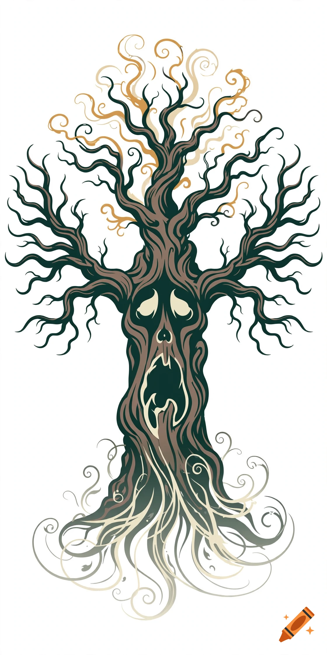 Vintage vector illustration of a spooky, anthropomorphic tree spirit with a screaming face and tangled roots.