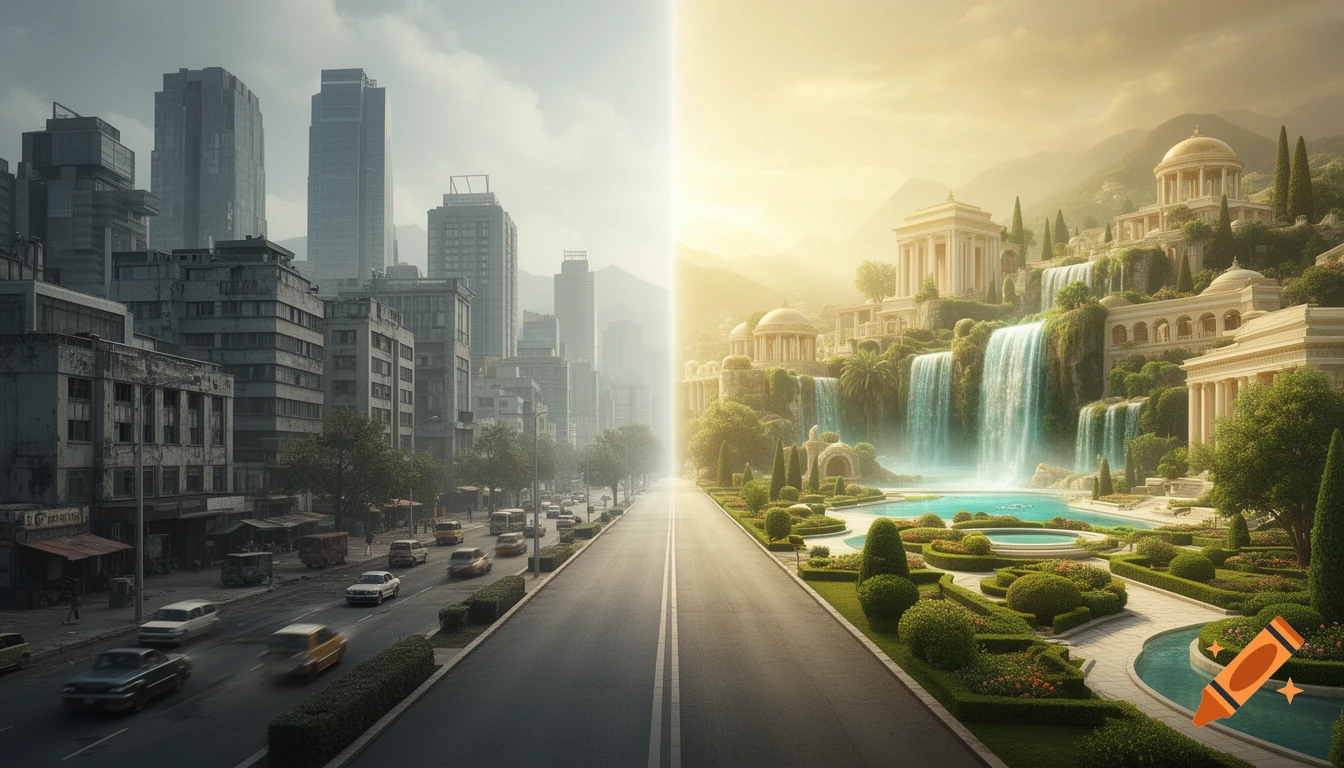 Split image showing a gritty modern city on the left and a golden utopian paradise with waterfalls on the right, divided by a road.