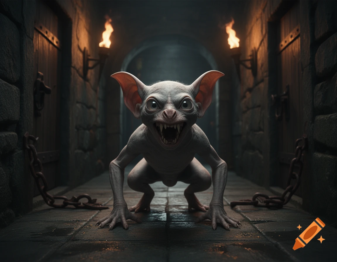 A small bat-faced creature with pale greyish skin crouches on all fours baring sharp teeth in a torchlit dungeon corridor.