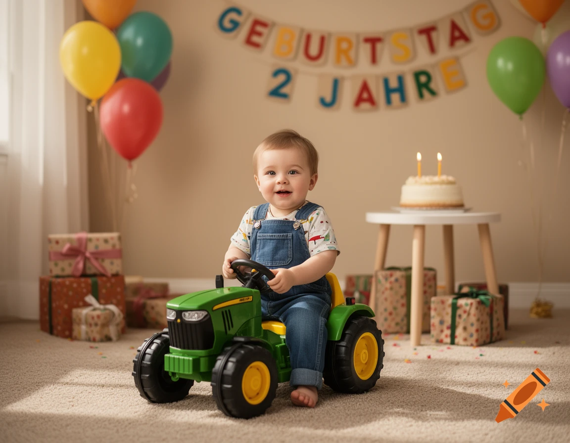 A smiling toddler sitting on a toy green tractor in a room decorated with balloons and birthday banners.