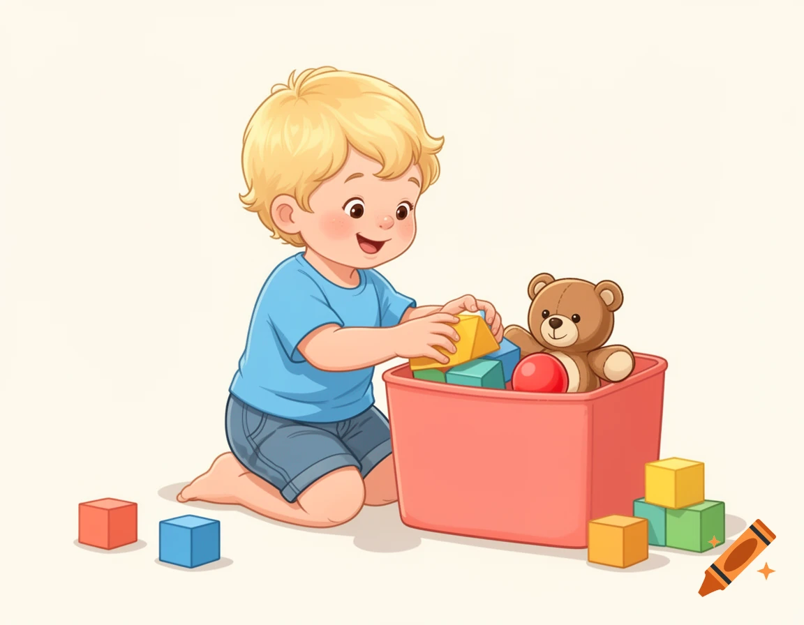 Clip art illustration of a blonde toddler boy kneeling on the floor and putting toys into a pink storage bin.