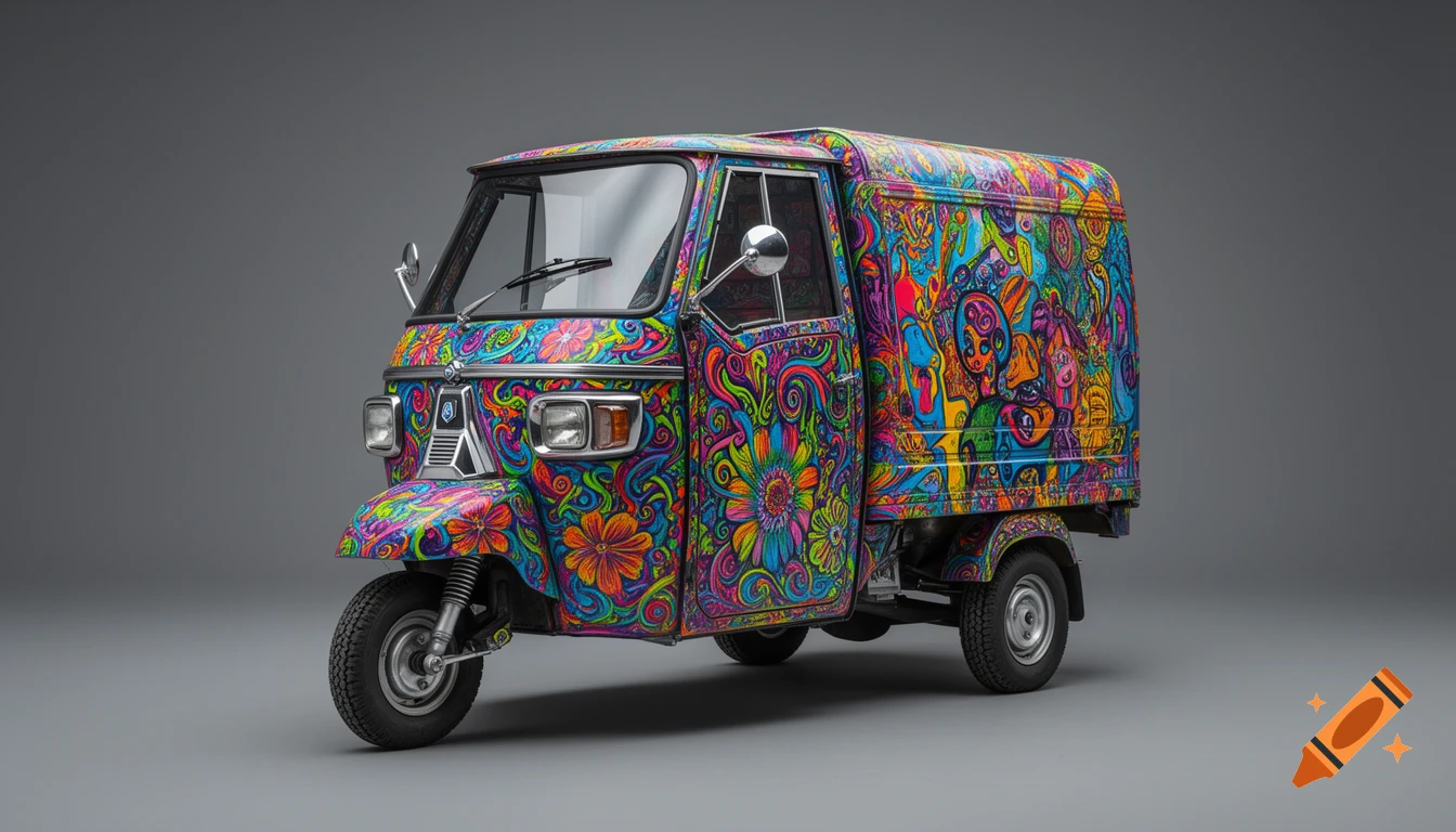 Photorealistic studio shot of a Piaggio Ape 50 art car covered in vibrant psychedelic and floral patterns against a gray background.
