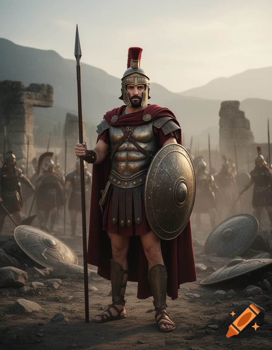 Photorealistic image of a Spartan warrior in armor holding a spear and shield on a battlefield.