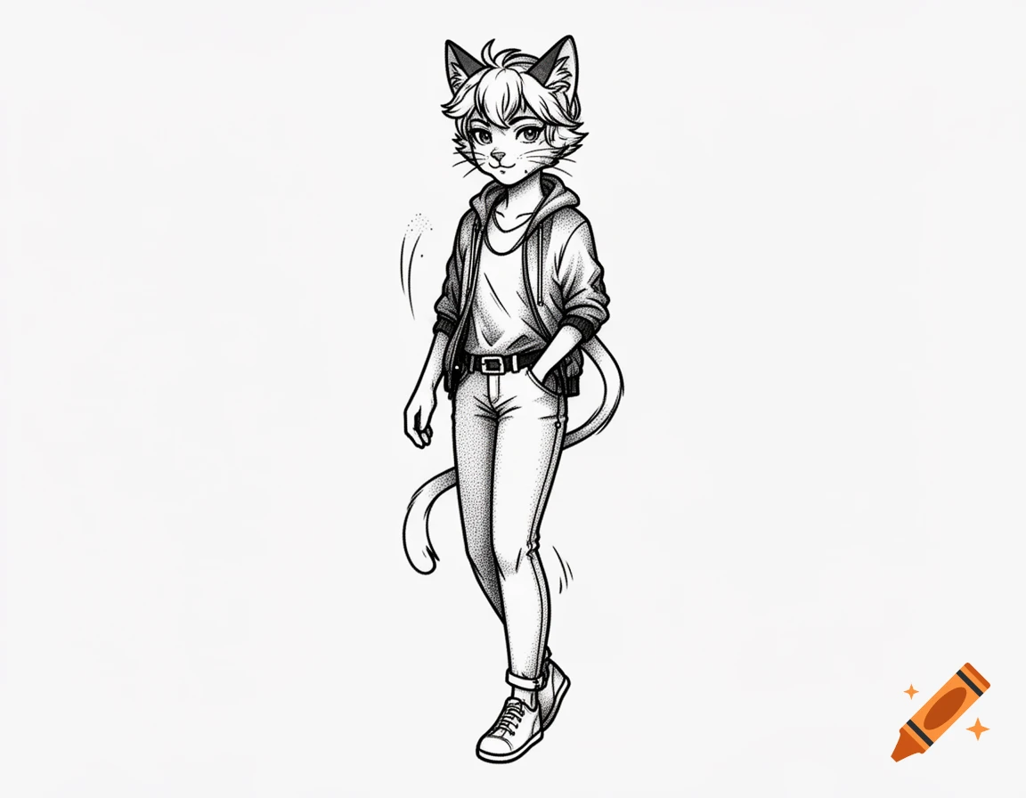 Black and white stipple illustration of an anthropomorphic cat person standing in a hoodie and jeans.