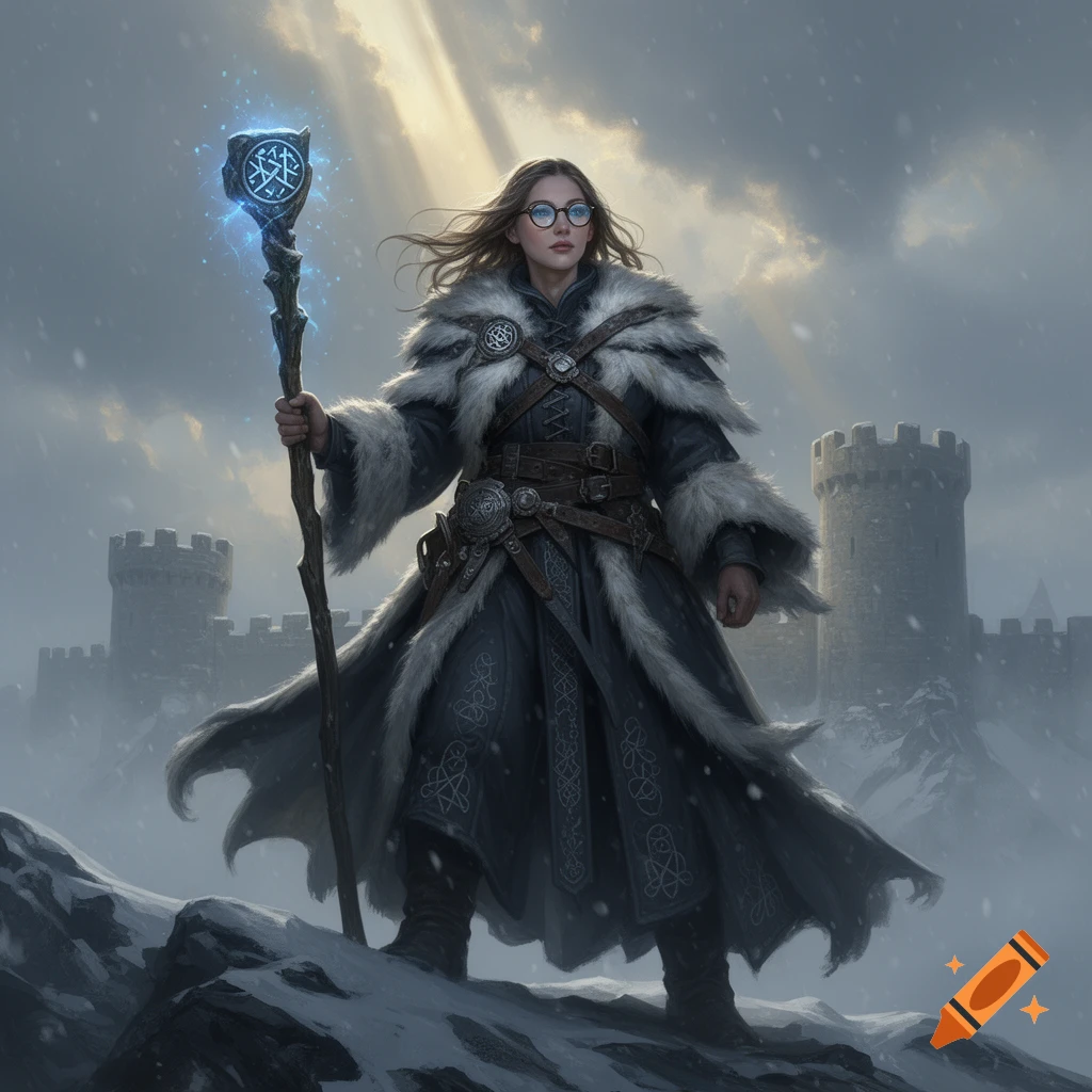 A female wizard with glasses, wearing a fur-lined coat and holding a glowing staff, standing in front of a snow-covered castle.